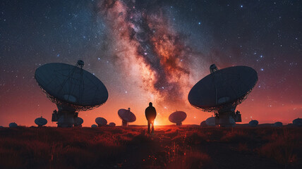 Satellite dishes arranged neatly under the Milky Way,generative ai