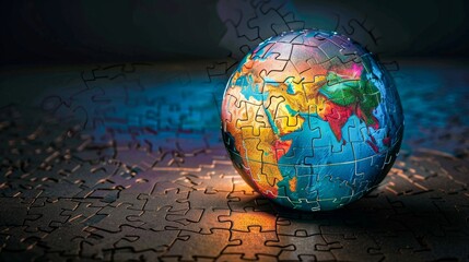 An assembled puzzle in the shape of a globe with vivid colors stands out against a dark puzzle surface backdrop