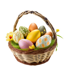 Basket of Vibrant Colored Easter Egg on Transparent Background, PNG file