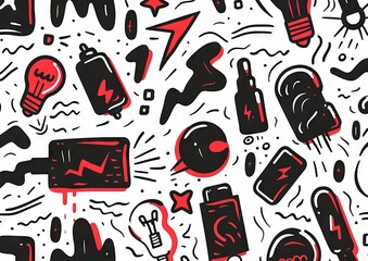 Abstract doodle art with eyes and objects. A monochromatic doodle art style image, featuring eyes, light bulbs, syringes, and various abstract shapes