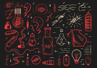 Abstract doodle art with eyes and objects. A monochromatic doodle art style image, featuring eyes, light bulbs, syringes, and various abstract shapes