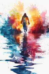 Colorful splash watercolor of Jesus Christ walking on water