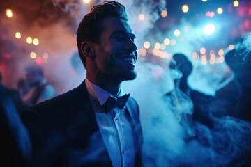 Man dancing in a nightclub, blue light, tuxedo, shirt, formal outfit, afterwork, luxury, vip night, smoke and light effect, man having fun, party in the evening, Generative AI 