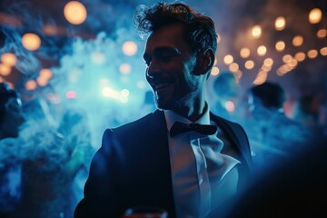 Man dancing in a nightclub, blue light, tuxedo, shirt, formal outfit, afterwork, luxury, vip night, smoke and light effect, man having fun, party in the evening, Generative AI 