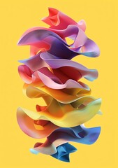 Colorful abstract twisted shapes on yellow background. Minimalistic 3D shapes - 758709717