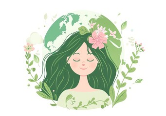 Cute cartoon vector illustration of the Earth Day concept, featuring an adorable greenhaired girl hugging planet earth with flowers and leaves around her