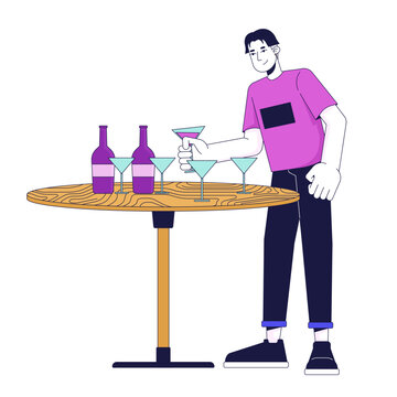 Asian male taking drink at party 2D linear cartoon character. Young man choosing cocktail on table isolated line vector person white background. Holiday treatment color flat spot illustration