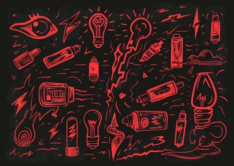 Abstract doodle art with eyes and objects. A monochromatic doodle art style image, featuring eyes, light bulbs, syringes, and various abstract shapes