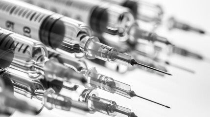 Multiple medical syringes aligned with focus on the needles, representing medical equipment in a monochrome setting