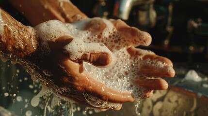 Wash Hands With Soap to Prevent Coronavirus Pandemic: Man Maintaining Hand Hygiene by Washing Hands with Foam Using Warm Water and Rubbing Nails and Fingers Frequently