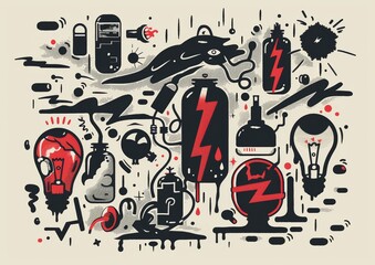Abstract doodle art with eyes and objects. A monochromatic doodle art style image, featuring eyes, light bulbs, syringes, and various abstract shapes