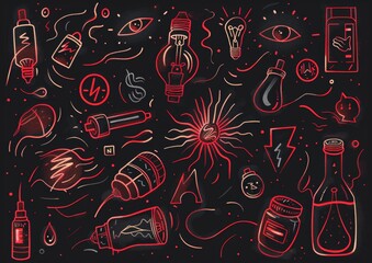 Abstract doodle art with eyes and objects. A monochromatic doodle art style image, featuring eyes, light bulbs, syringes, and various abstract shapes