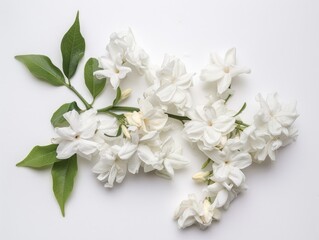 Obraz na płótnie Canvas White Jasmin Flowers on Isolated White Background - Botanical Closeup of Ornamental Bunch with Tea Leaves in Formal Style