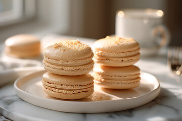 French macarons stack lined up in a neat row with blur background