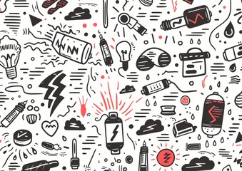 Abstract doodle art with eyes and objects. A monochromatic doodle art style image, featuring eyes, light bulbs, syringes, and various abstract shapes
