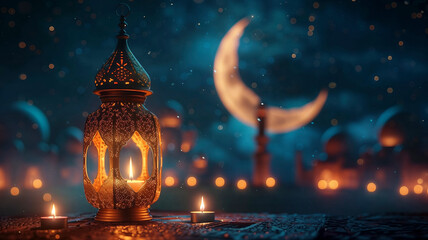 A serene Ramadan scene with an illuminated Arabic lantern and crescent moon, symbolizing reflection and spirituality.