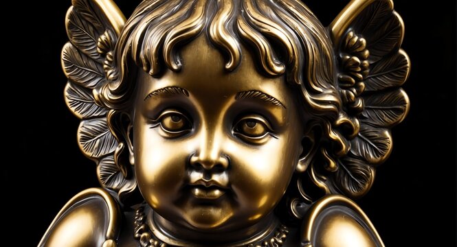 Brass statue of a cherub angel on plain black background from Generative AI