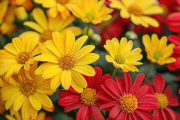 Yellow Mums in the Fall Garden. Beautiful Red and Yellow Chrysanthemums Blossom during Autumn Season in Nature's Floral Splendor