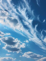 Blue sky with white clouds, flying above the clouds, picture from plane, heaven, sunny day, fair weather, bright daylight, sky with few clouds, sky gradient, sky background, Generative AI 