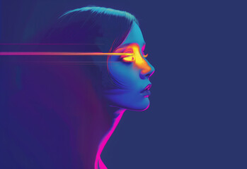 Retro futuristic illustration of a woman's profile with light trails from her eyes. Synthwave graphics background. - 758710708