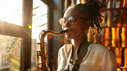 Woman playing saxophone. - obrazy, fototapety, plakaty