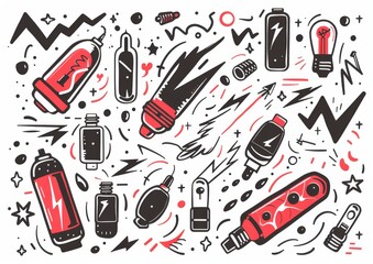 Abstract doodle art with eyes and objects. A monochromatic doodle art style image, featuring eyes, light bulbs, syringes, and various abstract shapes