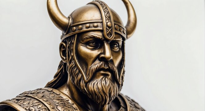 Brass statue of a viking warrior on plain white background from Generative AI