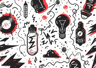 Abstract doodle art with eyes and objects. A monochromatic doodle art style image, featuring eyes, light bulbs, syringes, and various abstract shapes