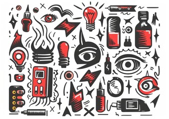 Abstract doodle art with eyes and objects. A monochromatic doodle art style image, featuring eyes, light bulbs, syringes, and various abstract shapes
