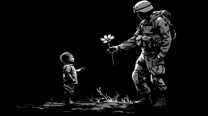 Fototapeta na wymiar USA soldier gifts flower to child in war-torn land, black and white. Generative AI