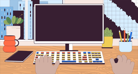 Black man working on computer 2D linear illustration concept. Blank screen monitor at workplace cartoon scene background. Office workspace with pc metaphor abstract flat vector outline graphic