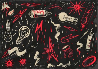 Abstract doodle art with eyes and objects. A monochromatic doodle art style image, featuring eyes, light bulbs, syringes, and various abstract shapes