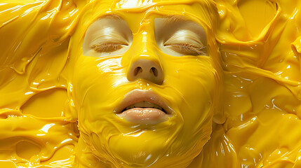 photo of. A front view of a human face emerging through dense, bright yellow, 