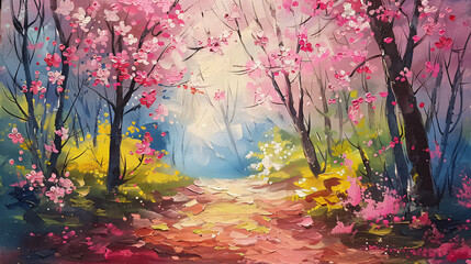 Obraz na płótnie Canvas Oil painting colorful forest Cherry blossoms art watercolor