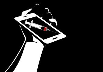This image portrays a limp hand on the floor, clutching a mobile phone with a syringe picture on its screen, symbolizing the grip of social media addiction