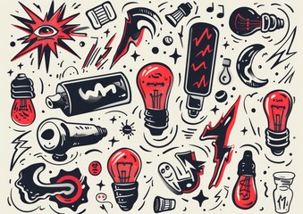 Abstract doodle art with eyes and objects. A monochromatic doodle art style image, featuring eyes, light bulbs, syringes, and various abstract shapes