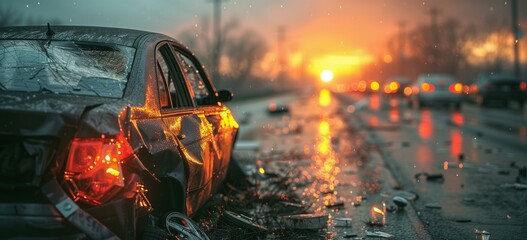 Damaged Black Car on Highway at Dusk with Glowing Lights