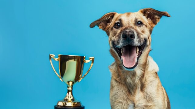 Joyful canine companion posing with a gold trophy, showcasing success and positive reinforcement on a vibrant blue background