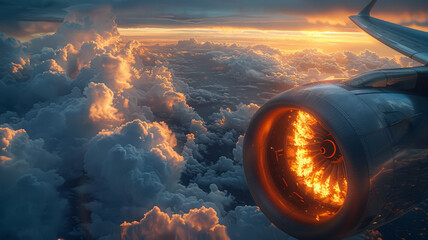 Fire burning in Jet engine of large aircraft while flying in the sky with dense clouds,generative ai - obrazy, fototapety, plakaty