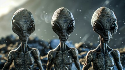 Highly detailed alien creatures with a compelling and eerie gaze against a cosmic background suggesting extraterrestrial life