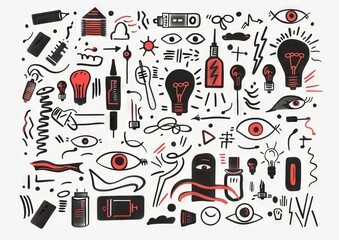 Abstract doodle art with eyes and objects. A monochromatic doodle art style image, featuring eyes, light bulbs, syringes, and various abstract shapes