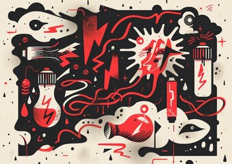 Abstract doodle art with eyes and objects. A monochromatic doodle art style image, featuring eyes, light bulbs, syringes, and various abstract shapes