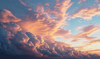 Sky at sunset, sky at sunrise, clouds, orange clouds cirrus clouds, cumulus clouds, sky gradient, sky background at dusk, twilight, nightfall, pink sky, pink clouds, sun, environment, Generative AI 