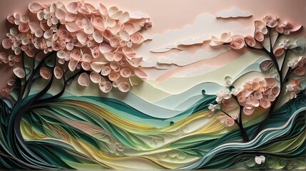 Beautiful landscape made of colored paper. Quilling.