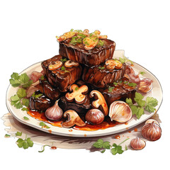 Delicious Savory Beef Bourguignon Watercolor Clipart with Pearl Onions and Mushrooms - Isolated on White Background