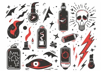 Abstract doodle art with eyes and objects. A monochromatic doodle art style image, featuring eyes, light bulbs, syringes, and various abstract shapes