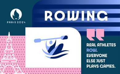 Vector banner with sports symbol and icon of a rower holding oars above his head. Famous quote about rowers. Rowing poster with rower, quote © vernStudio