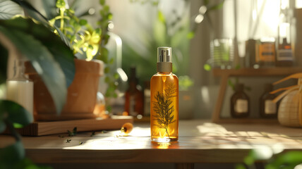 Bottle of oil on table