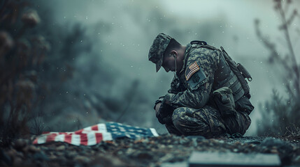 Army Man crying on grave of friend with American flag, smoke background, ai generated