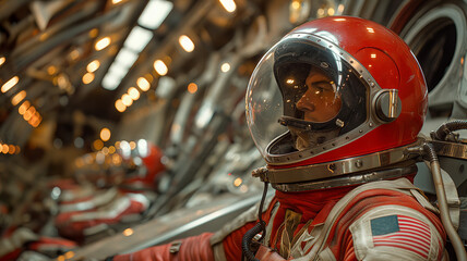Man in red spacesuit at space station - obrazy, fototapety, plakaty